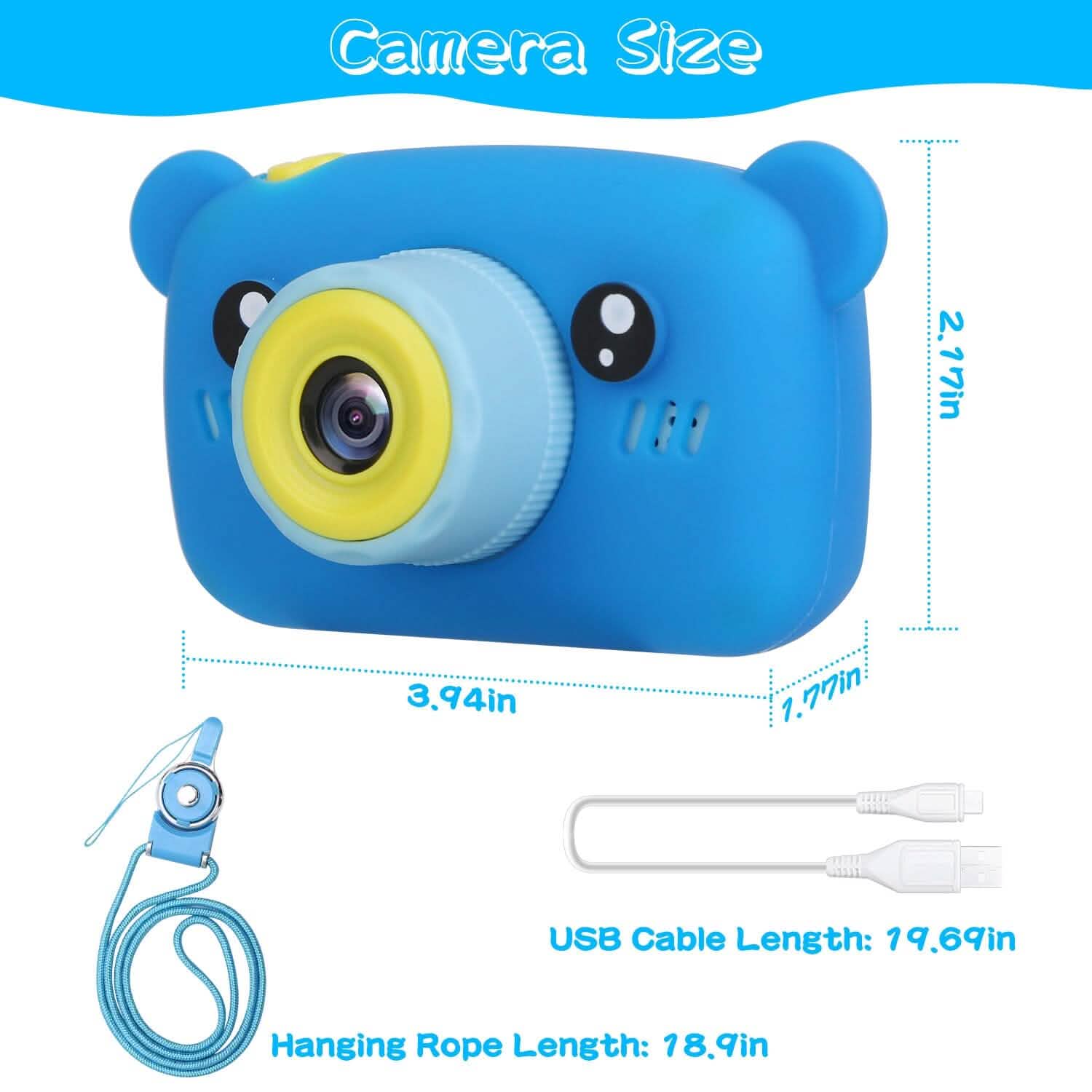 Kids digital camera in blue with rounded bear design, lens close-up, and size marks