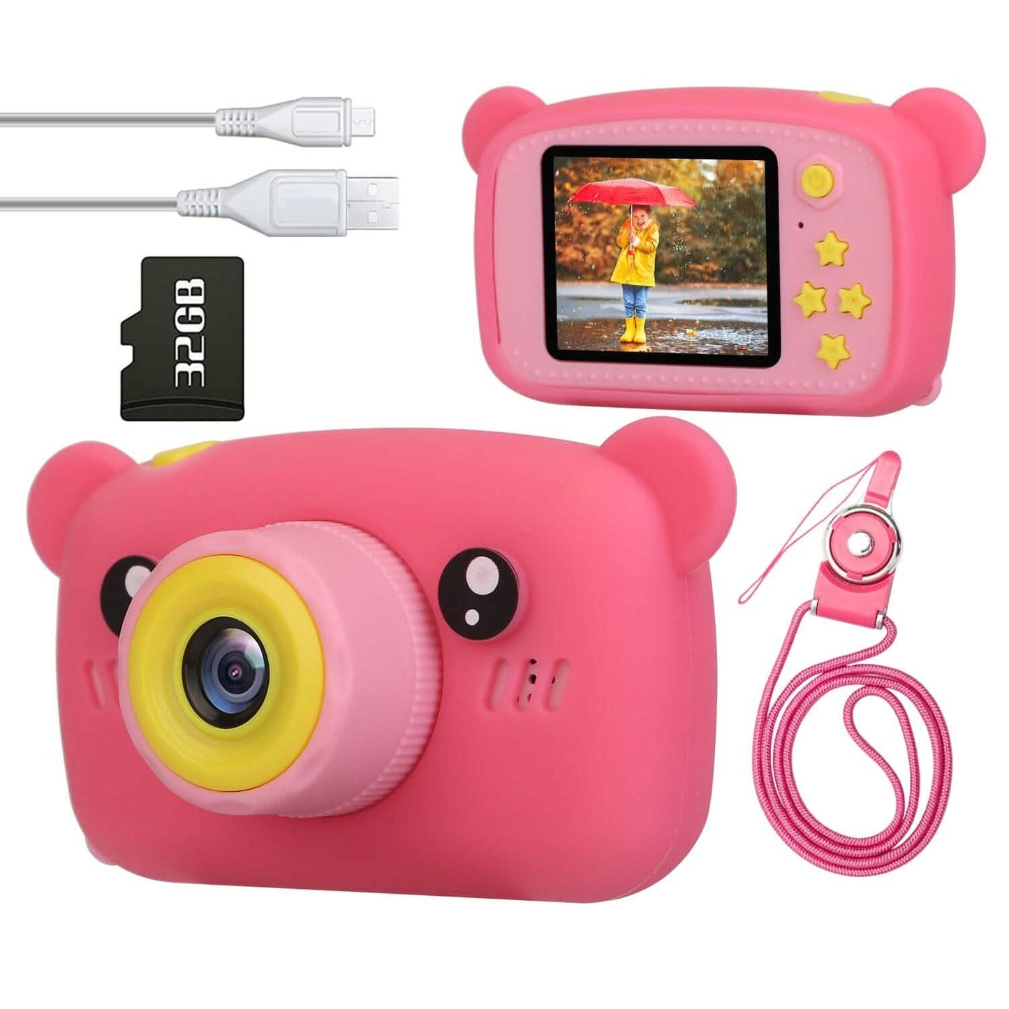 Pink bear-shaped kids digital camera with screen display, accessories, cable, and 32GB card