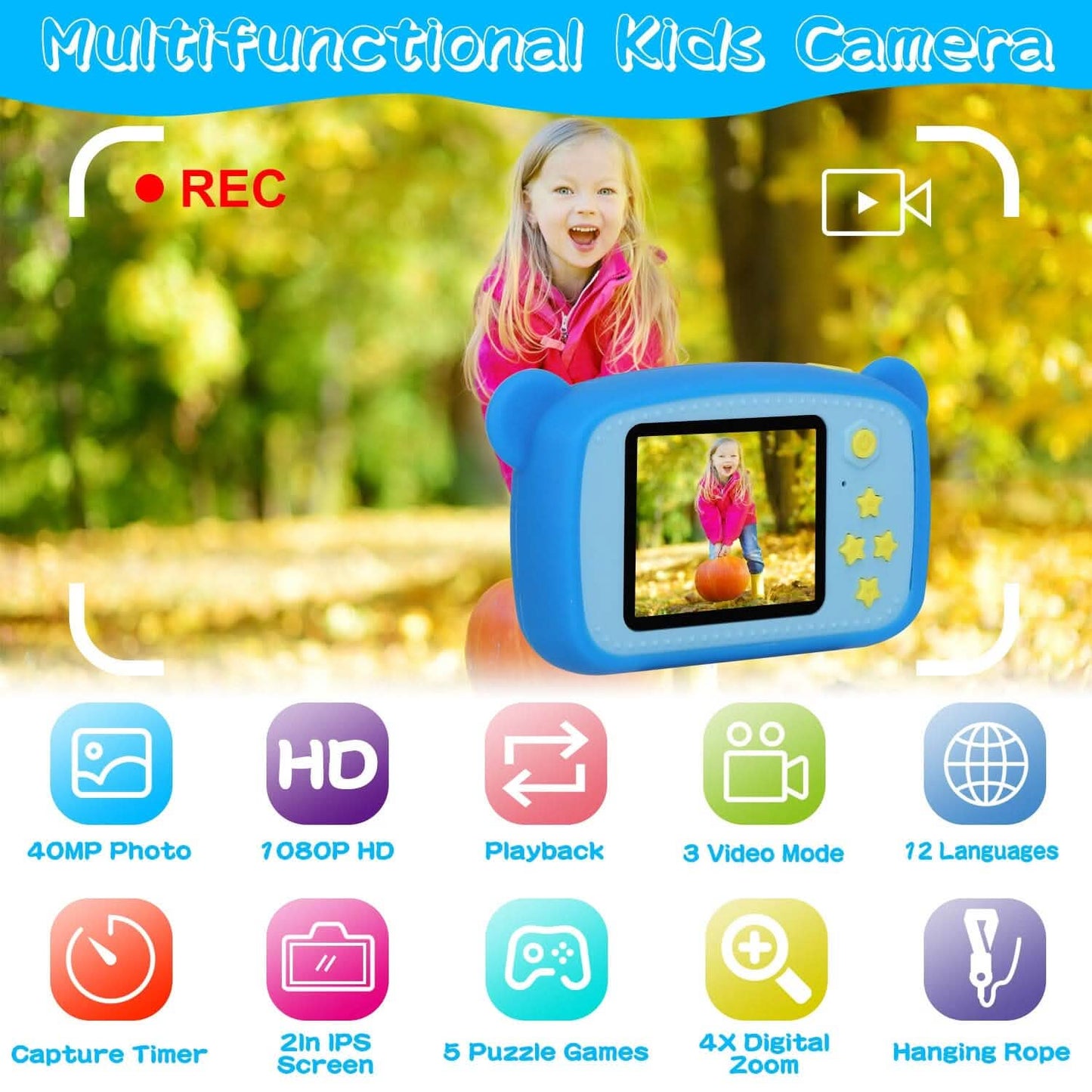 Kids digital camera in blue held by child hand with front screen and bear-ear design
