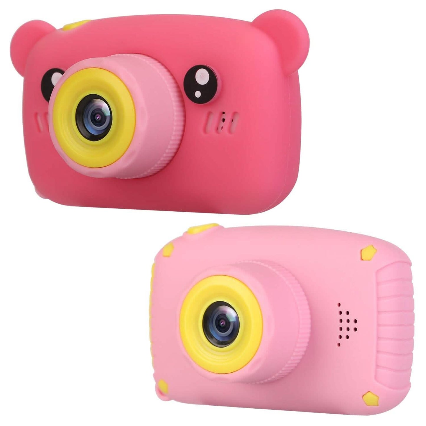 Pink bear-shaped kids digital camera front view with yellow-ring lens and ear details