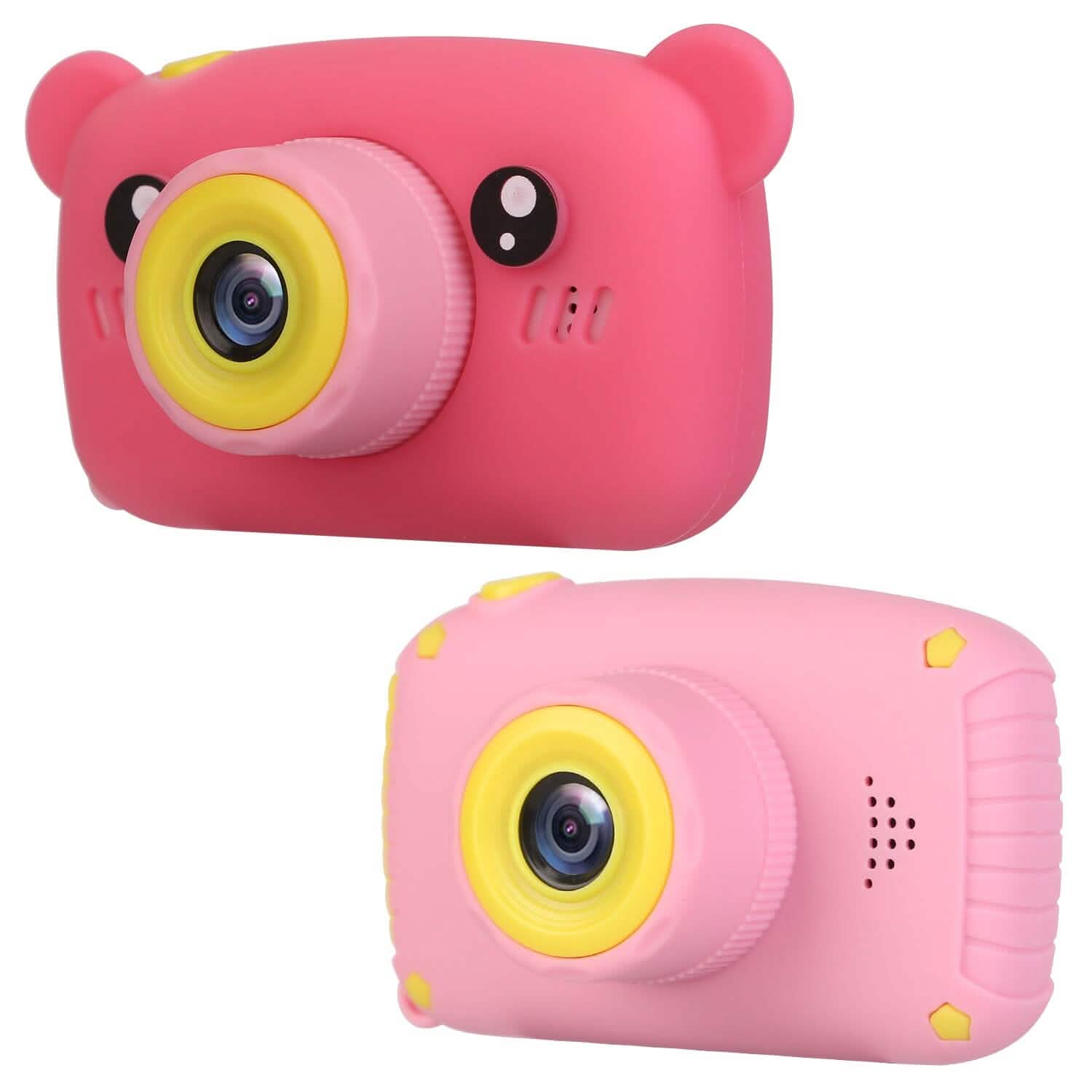 Pink bear-shaped kids digital camera front view with yellow-ring lens and ear details
