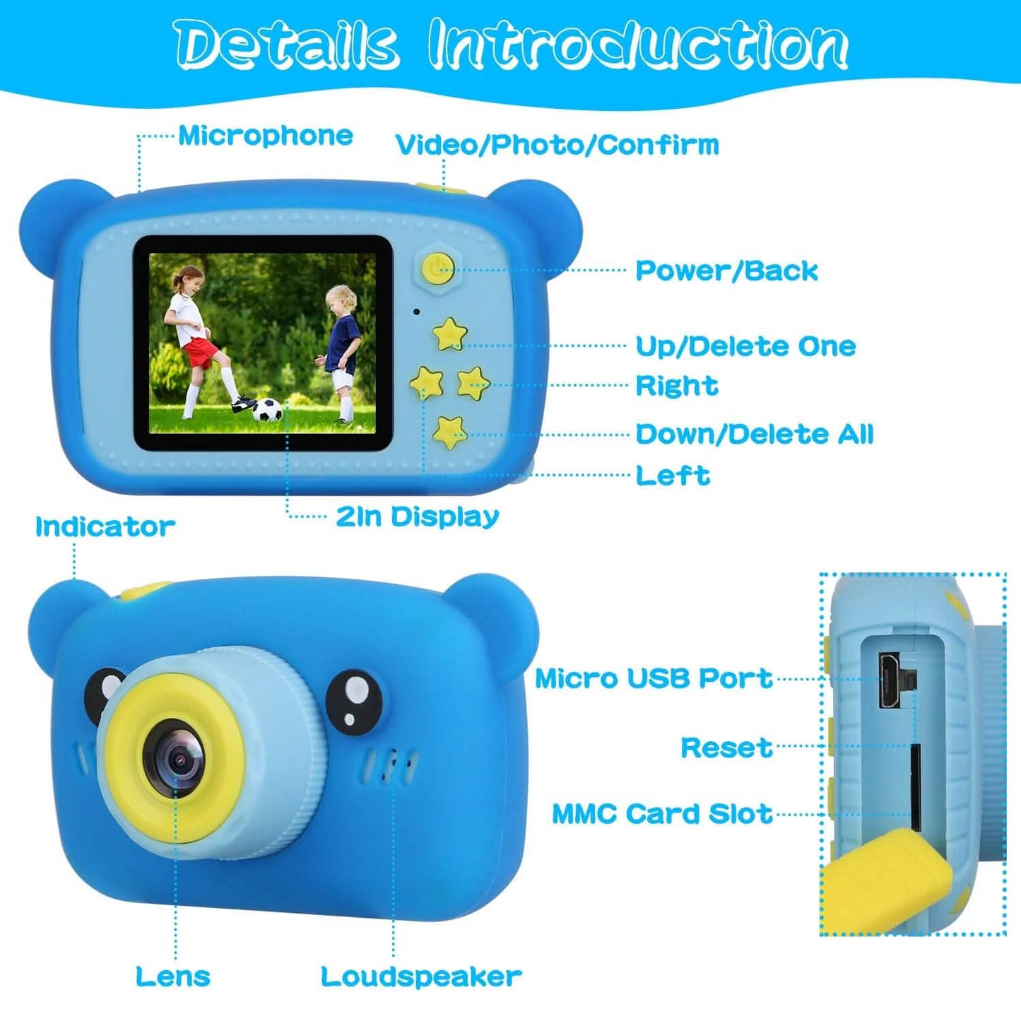 Kids digital camera in blue with 2-inch screen, front lens and star buttons