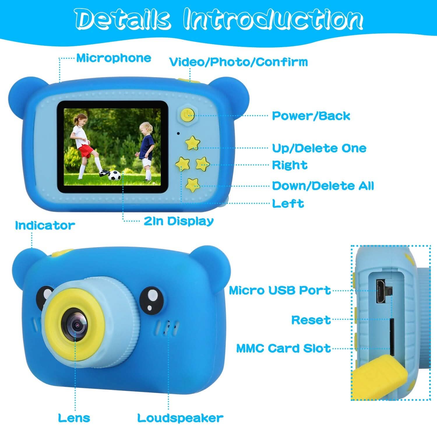 Kids digital camera in blue with 2-inch screen, front lens and star buttons
