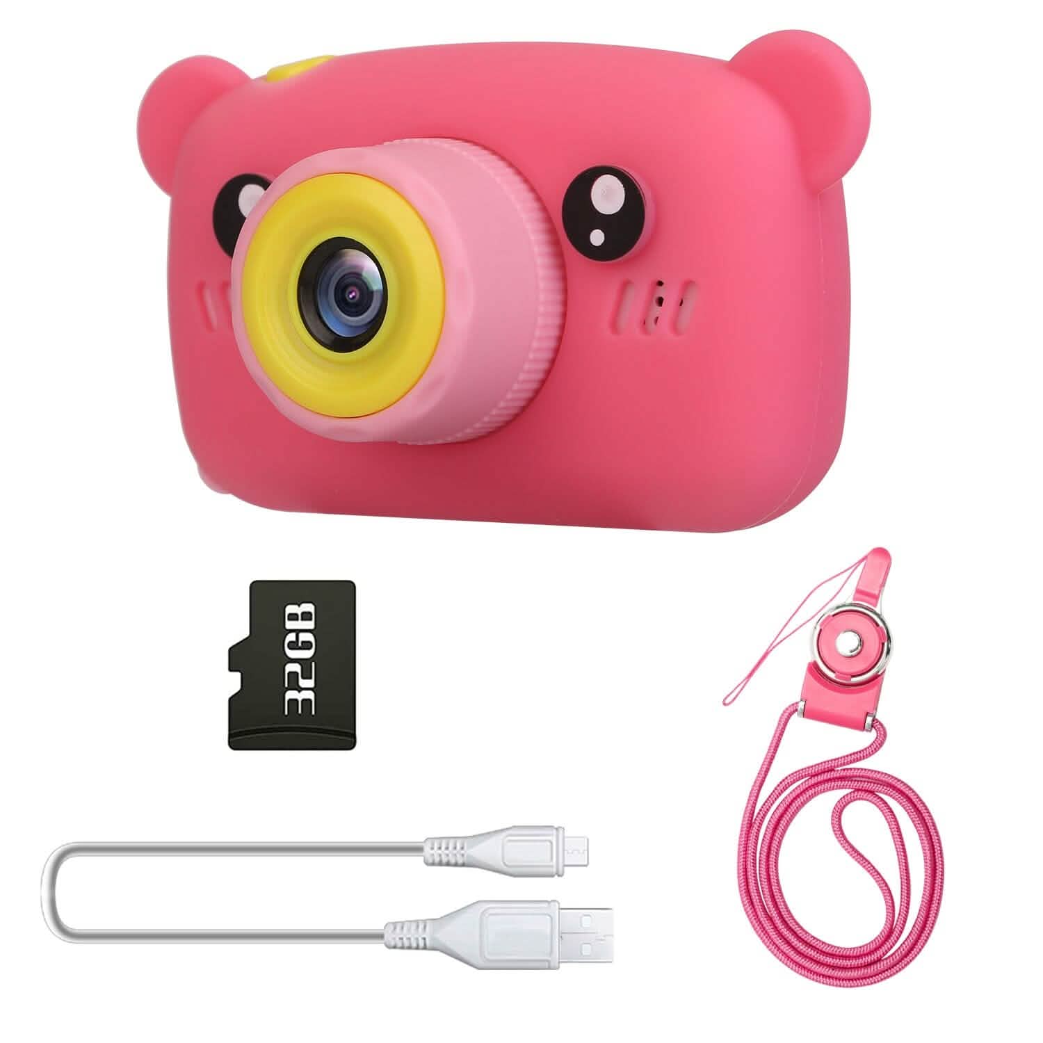 Pink bear-shaped kids digital camera with lanyard, charging cables, and 32GB memory card