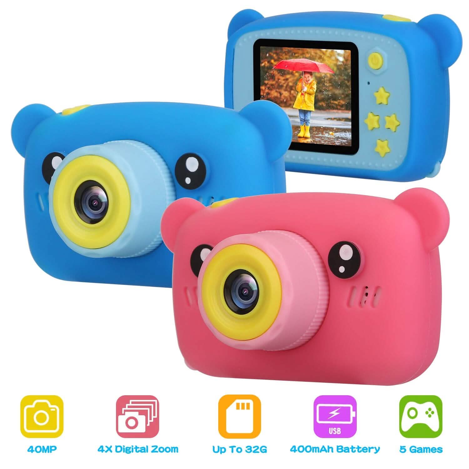Blue and pink bear-shaped kids digital cameras with feature icons on white background