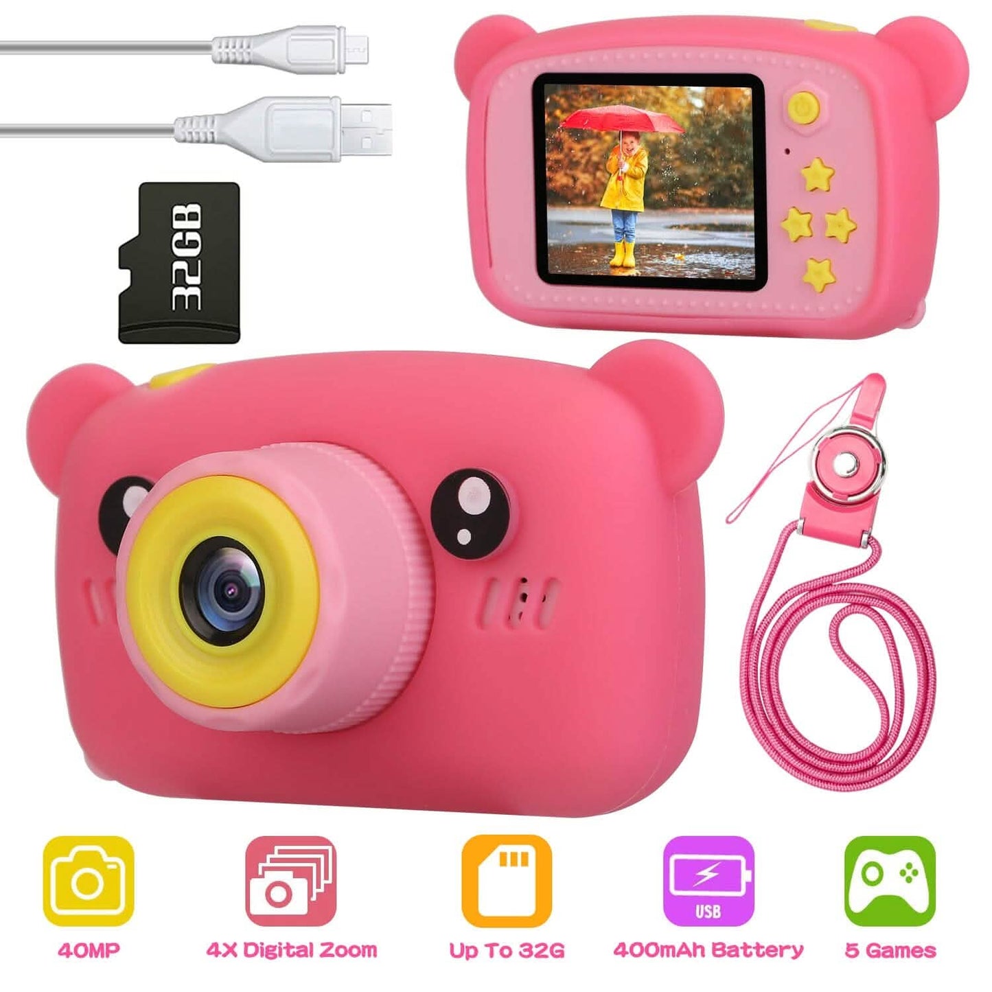 Kids digital camera in pink with front lens, rear screen, and wrist strap