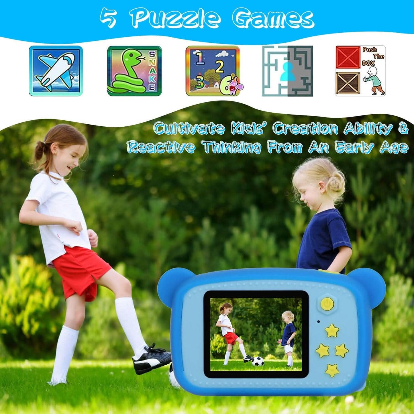 Kids digital camera in blue with screen showing scene while held by child