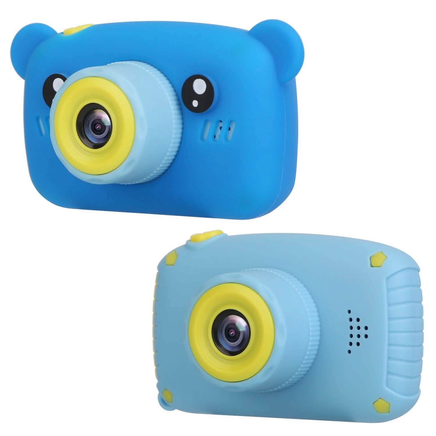 Blue bear-shaped kids digital camera from side view with yellow-ring front lens
