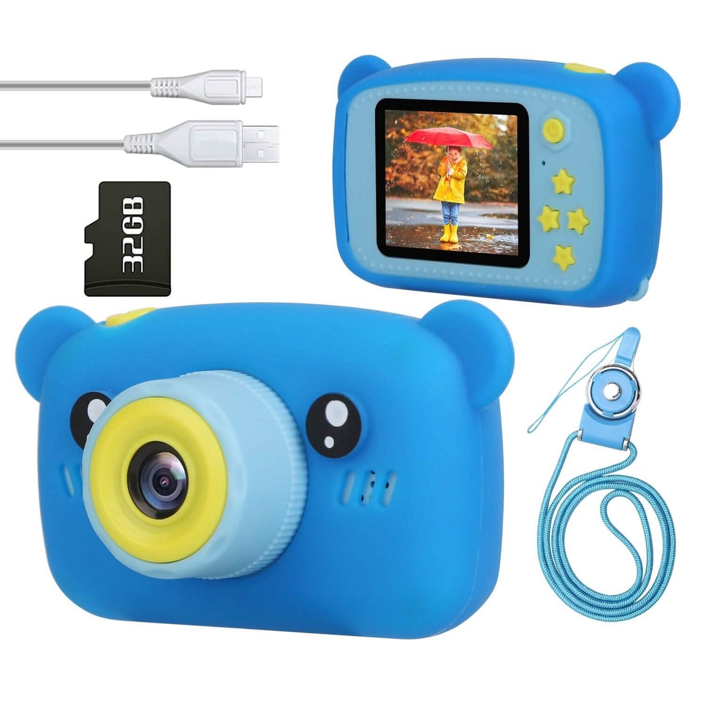 Blue bear-shaped kids digital camera with screen display, plus accessories and memory card