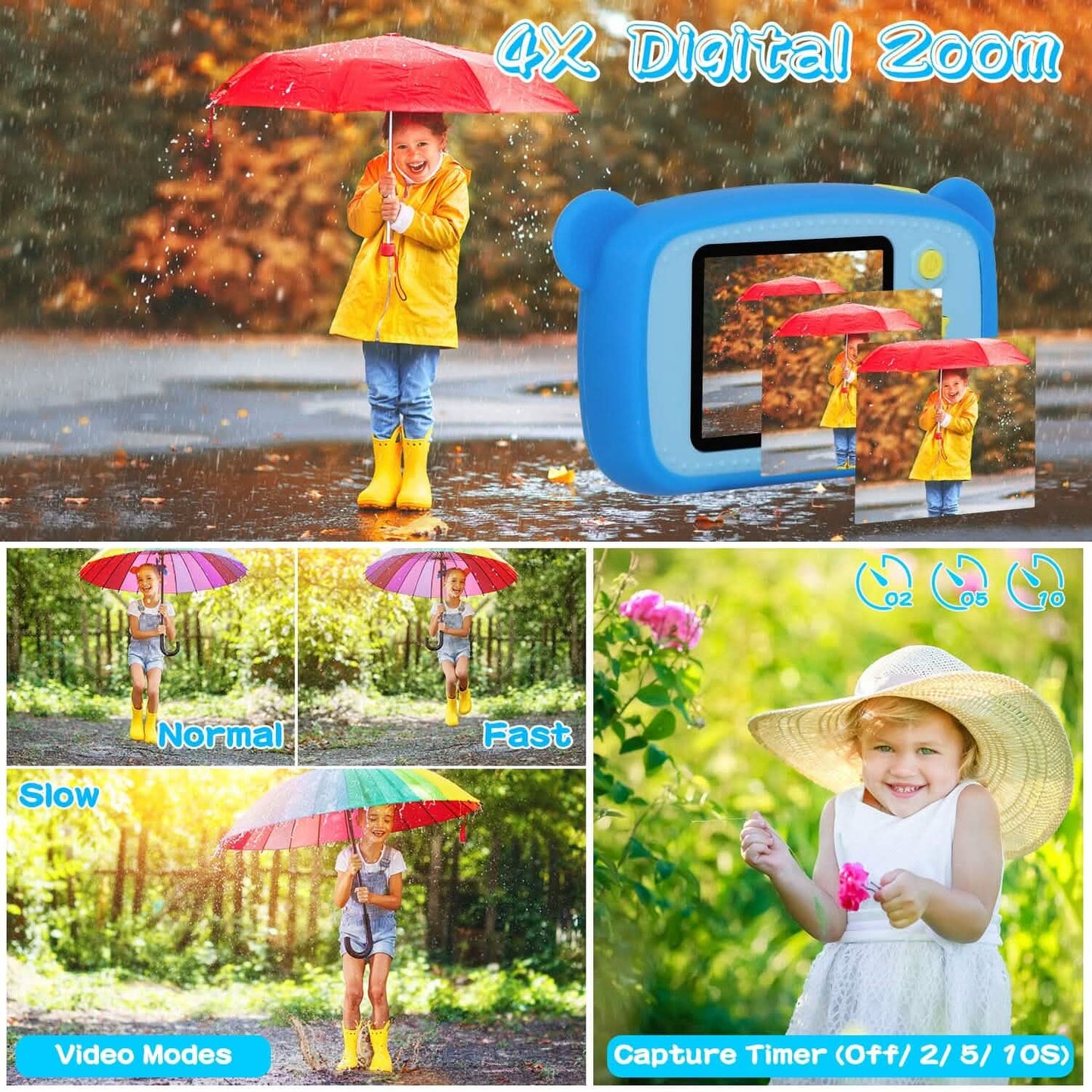 Kids digital camera in blue with screen displaying photos and zoom effect preview