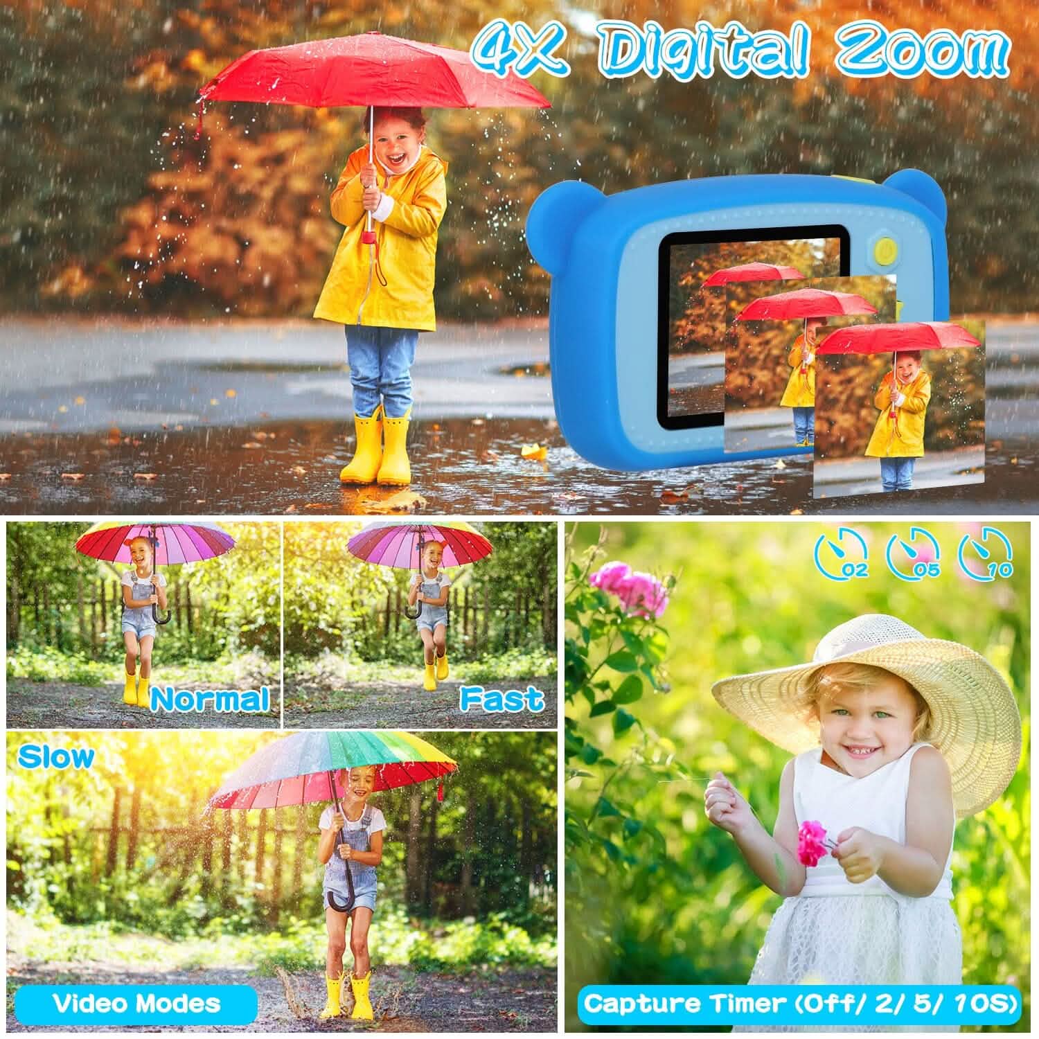 Kids digital camera in blue with screen displaying photos and zoom effect preview