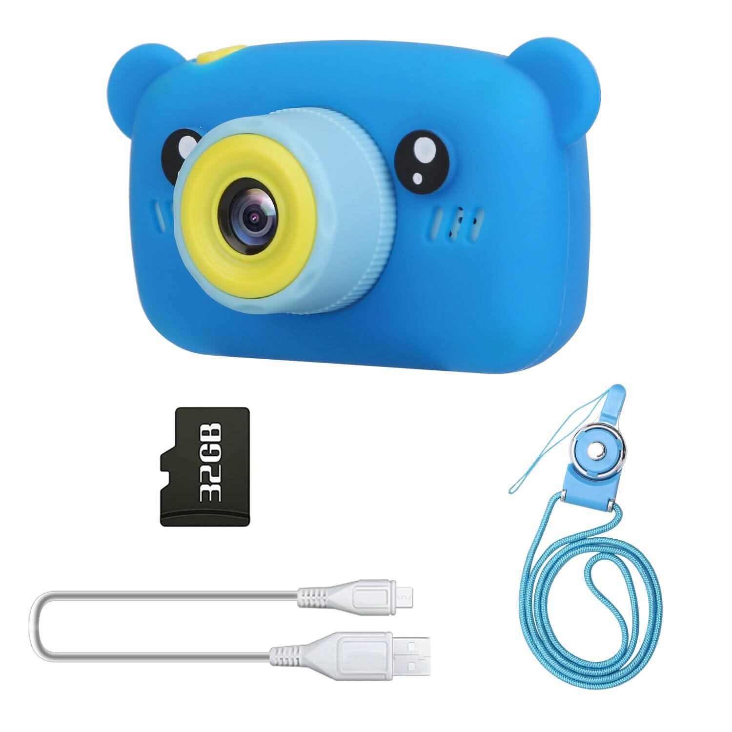 Blue bear-shaped kids digital camera with included lanyard, charging cable, and 32GB card
