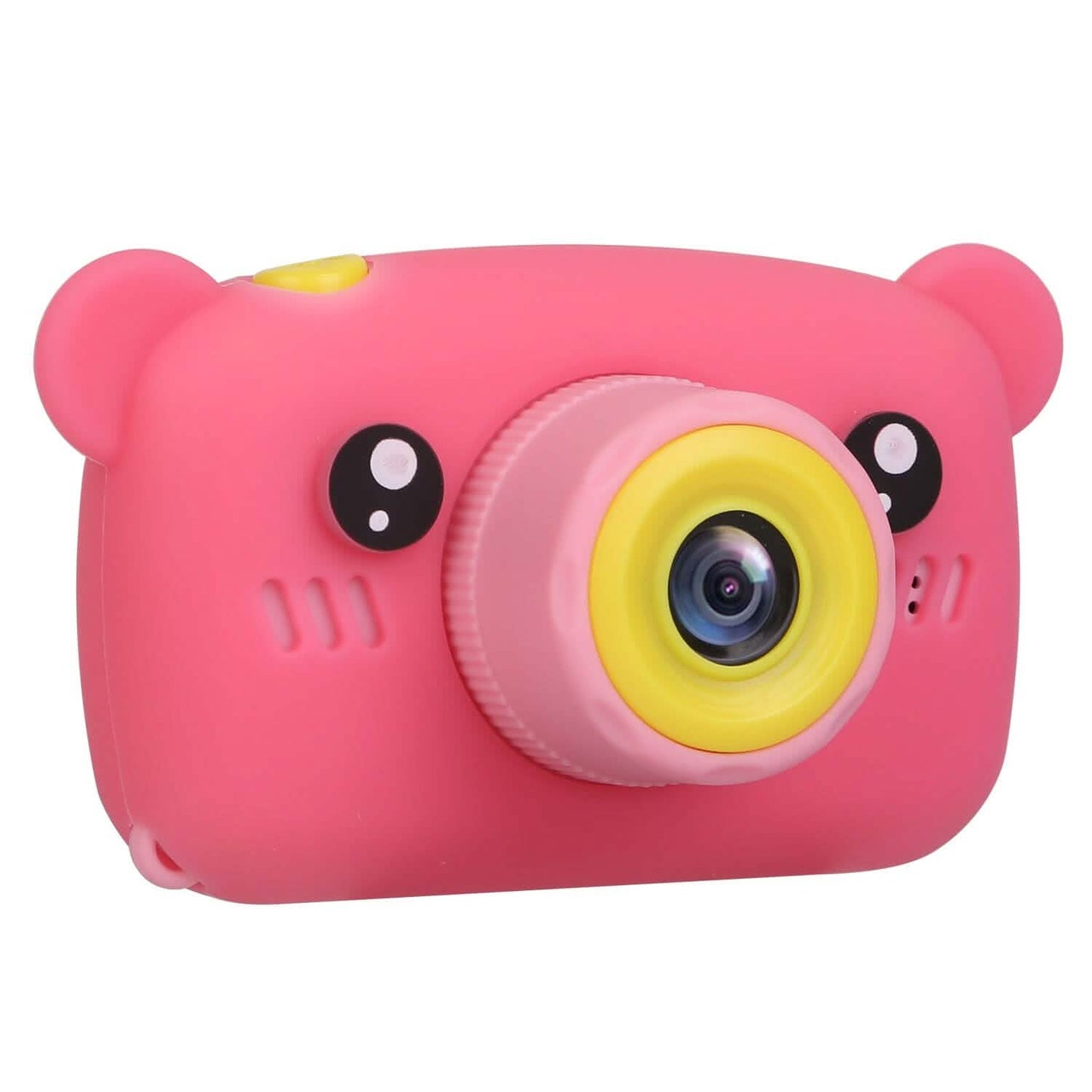 Pink bear-shaped kids digital camera with yellow-ring lens and side speaker holes