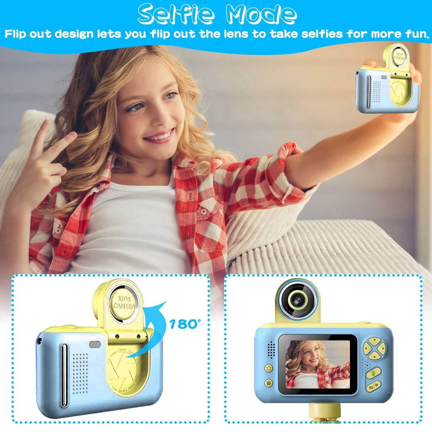Kids flip-lens digital camera held for selfie, blue body with yellow flip lens