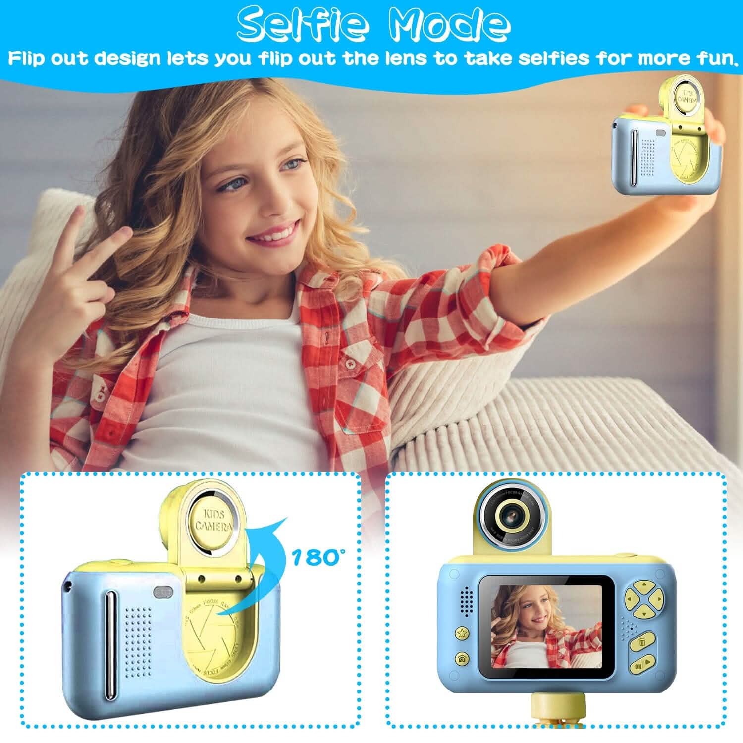 Kids flip-lens digital camera held for selfie, blue body with yellow flip lens