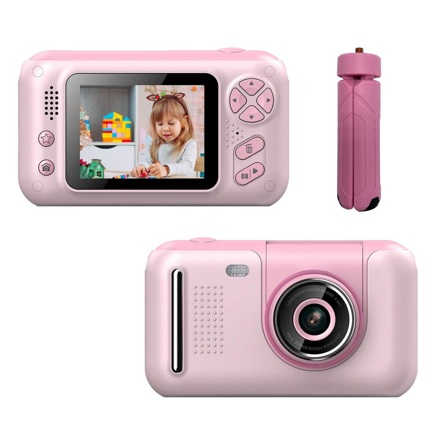 Pink kids digital camera front with LCD screen and extended grip, plus back view