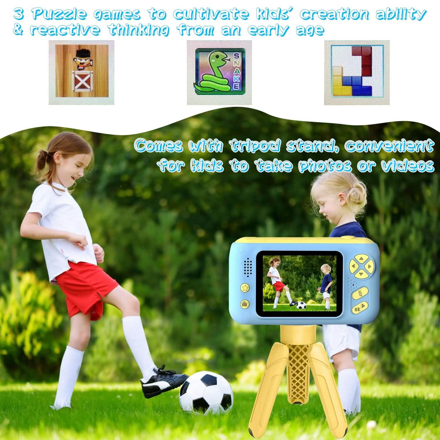 Blue kids digital camera on wooden tripod, front screen showing a photo preview