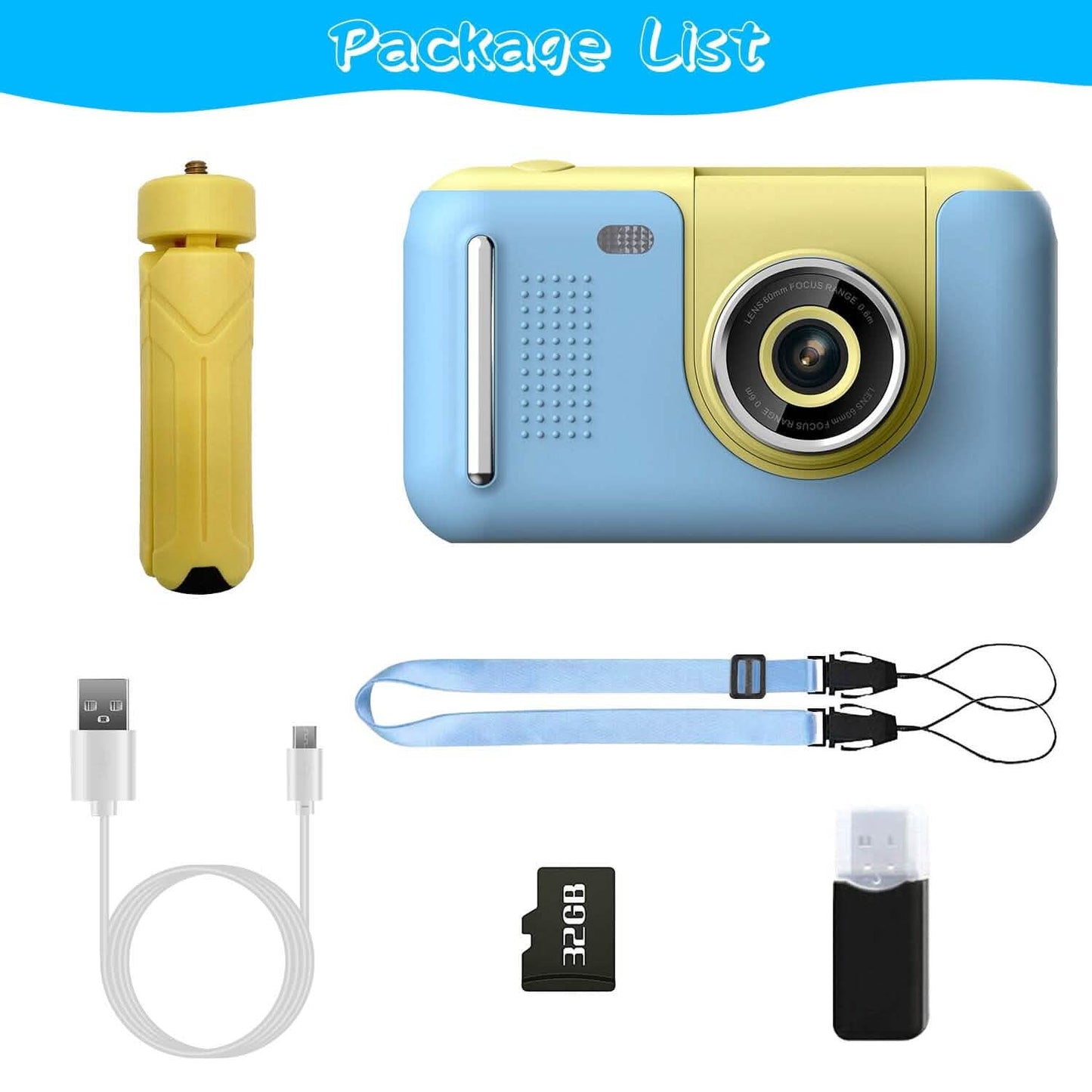 Kids digital camera kit: blue camera with yellow lens, USB cable and 32GB card