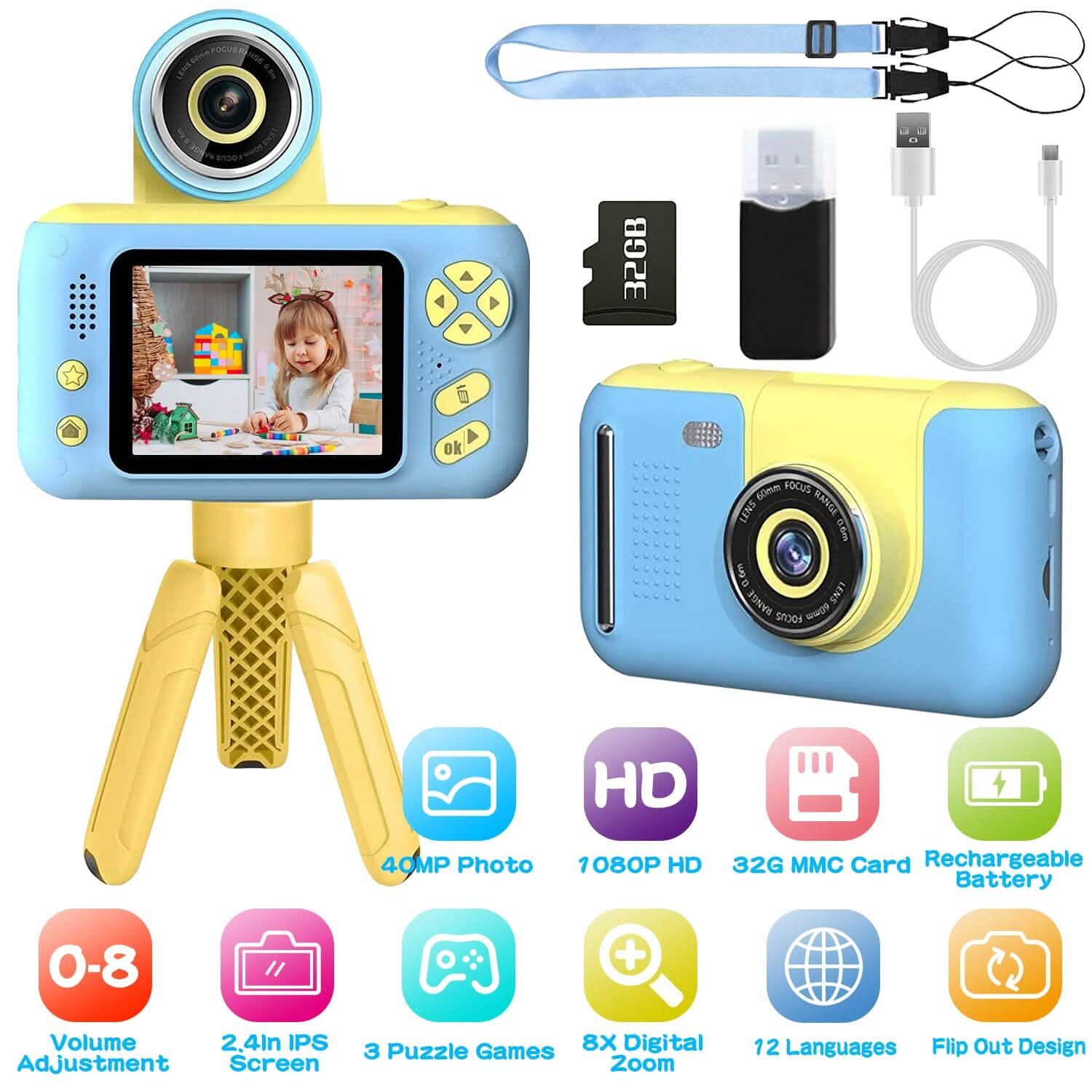 Blue kids digital camera with flip lens, accessories shown with feature icons