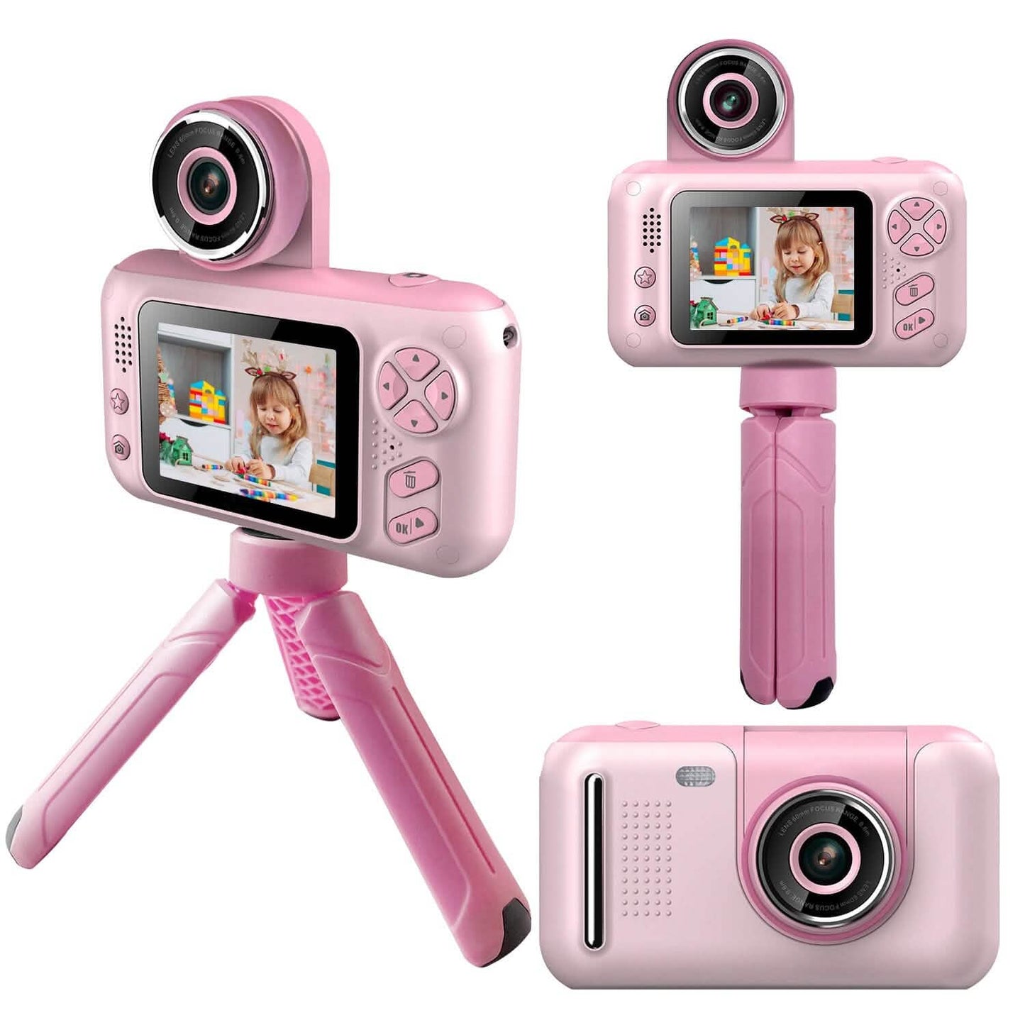 Pink kids digital camera with flip-up lens and tripod legs, front LCD screen view