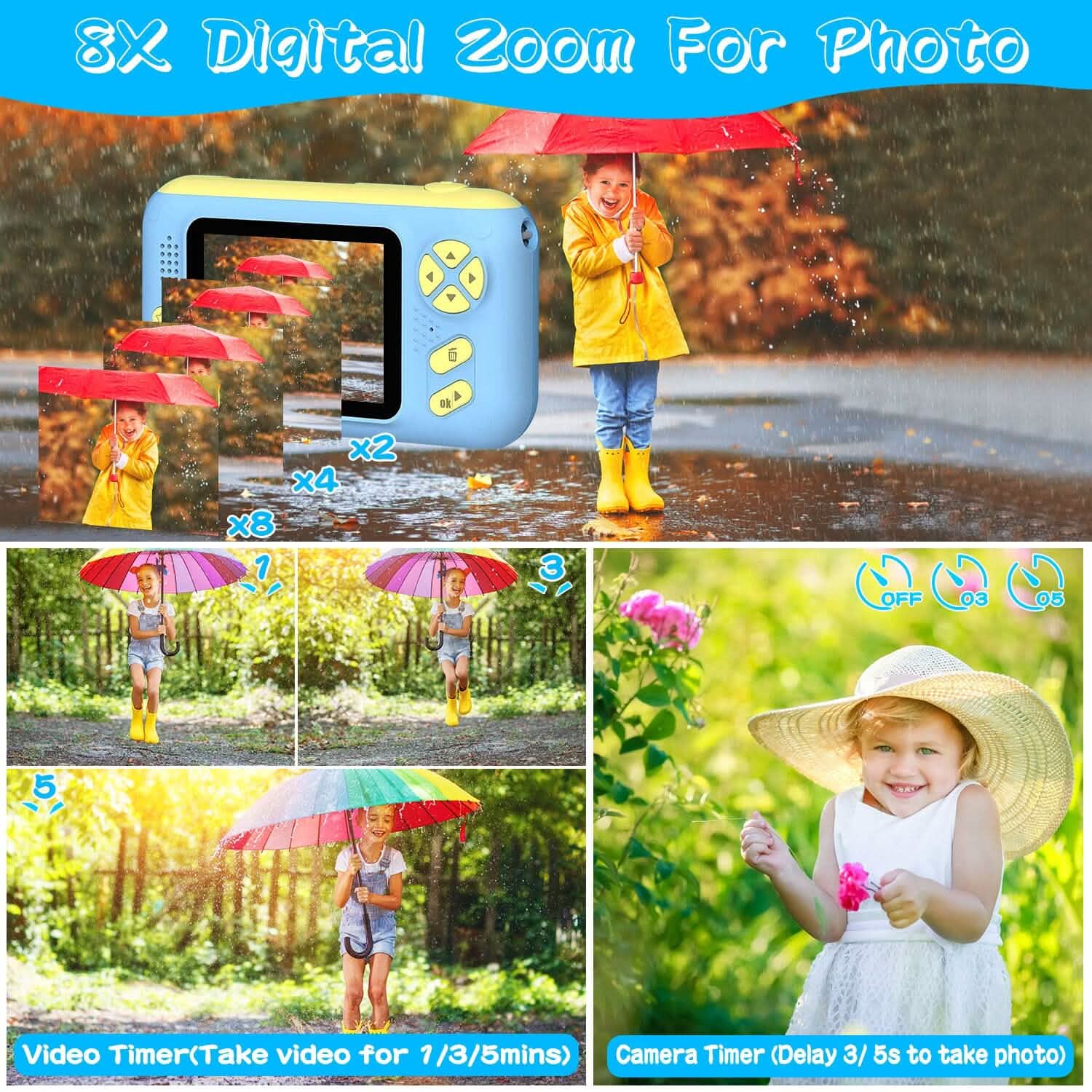 Blue kids digital camera with display screen and yellow side controls, lens facing left