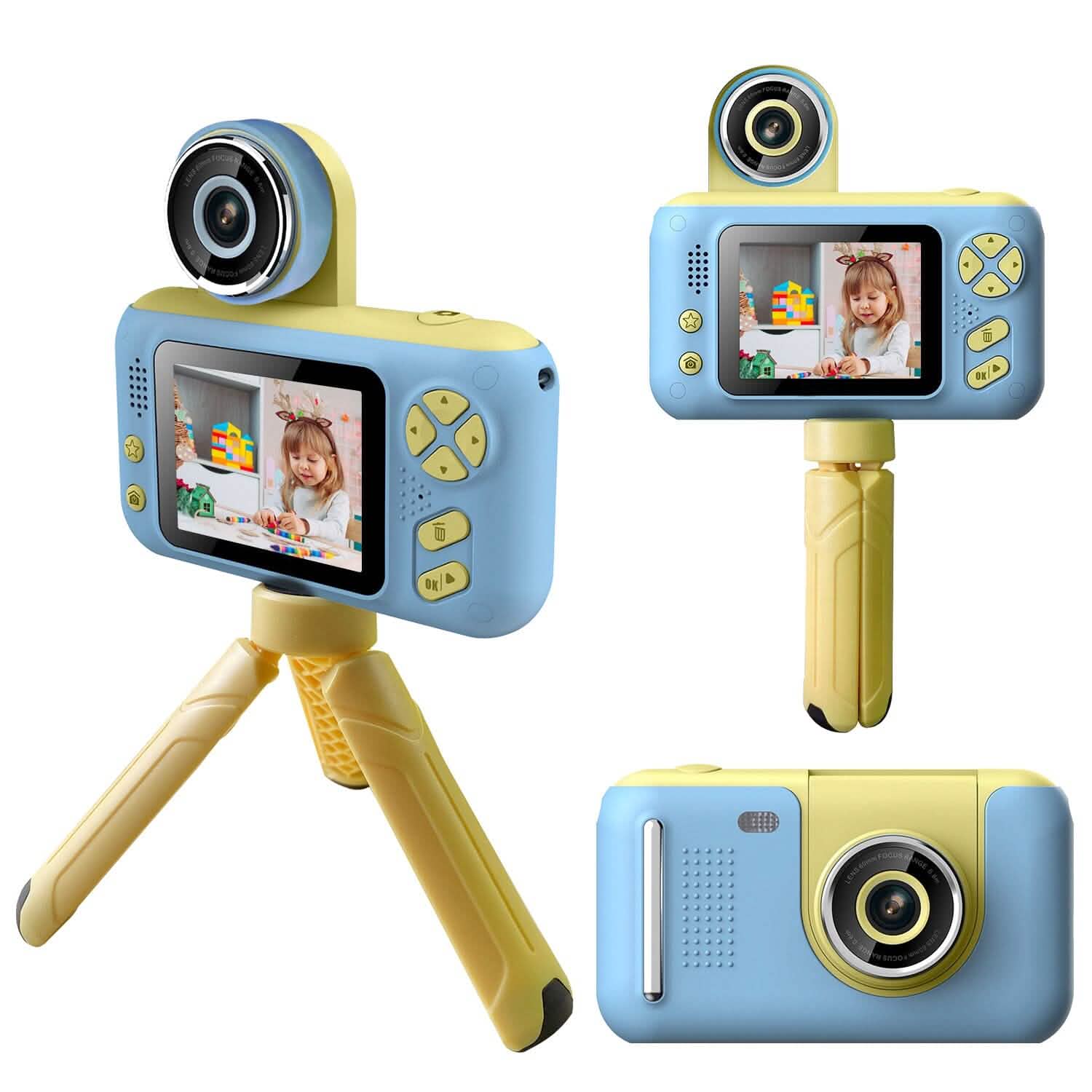 Blue kids digital camera with flip-up lens, tripod legs extended, front and side views