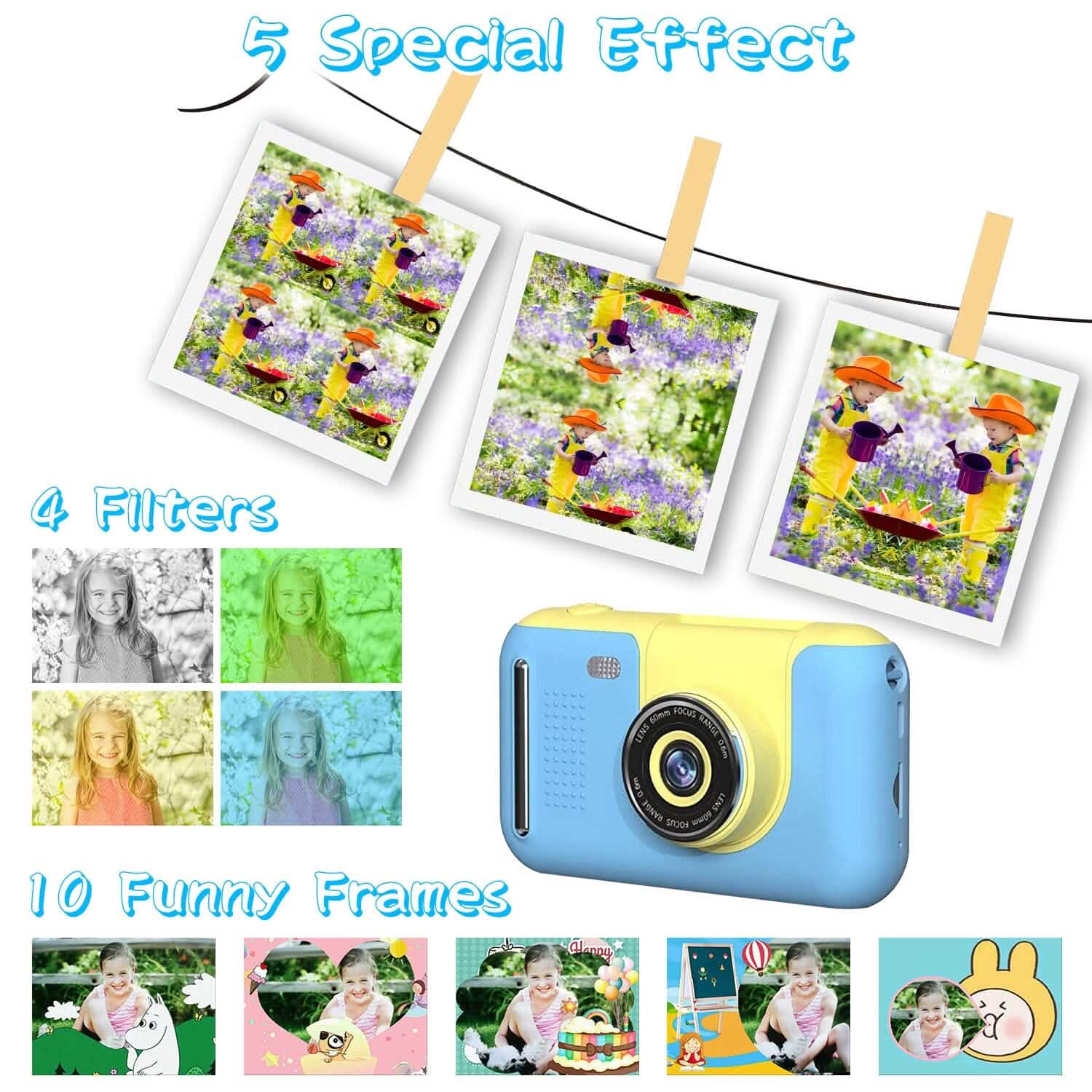 Kids flip-lens digital camera, blue body with yellow ring lens and rear control buttons