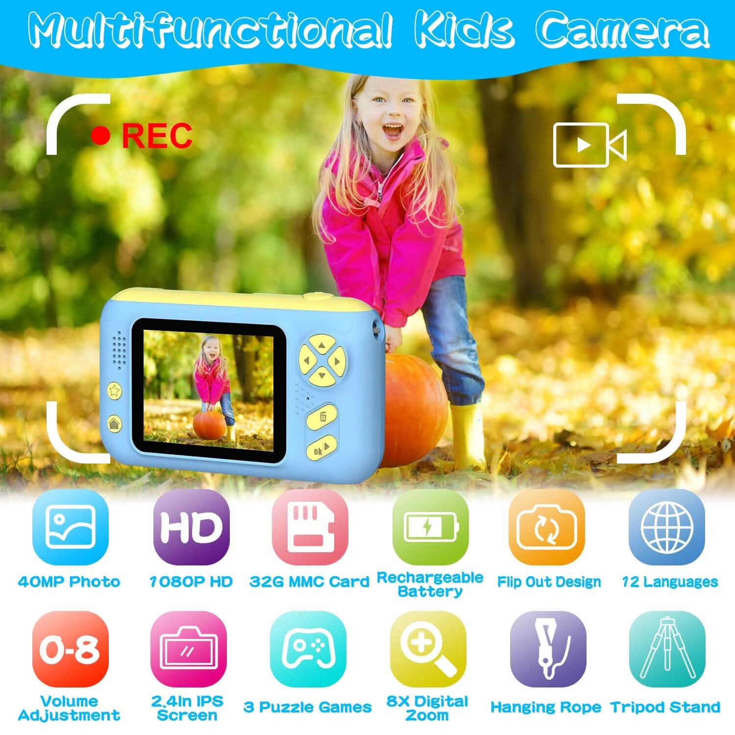 Blue kids digital camera showing a photo on screen, yellow buttons and flip lens