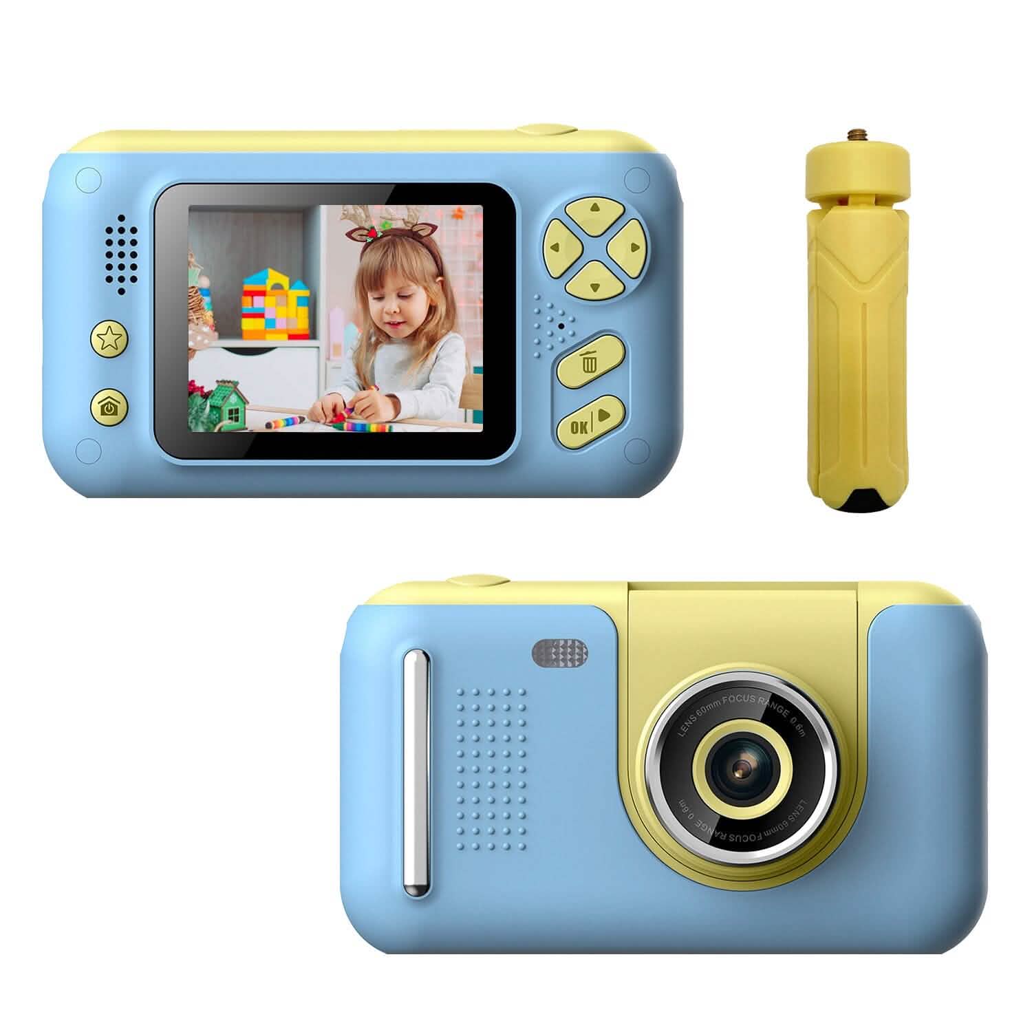 Blue kids digital camera with LCD screen and button controls, plus wrist strap