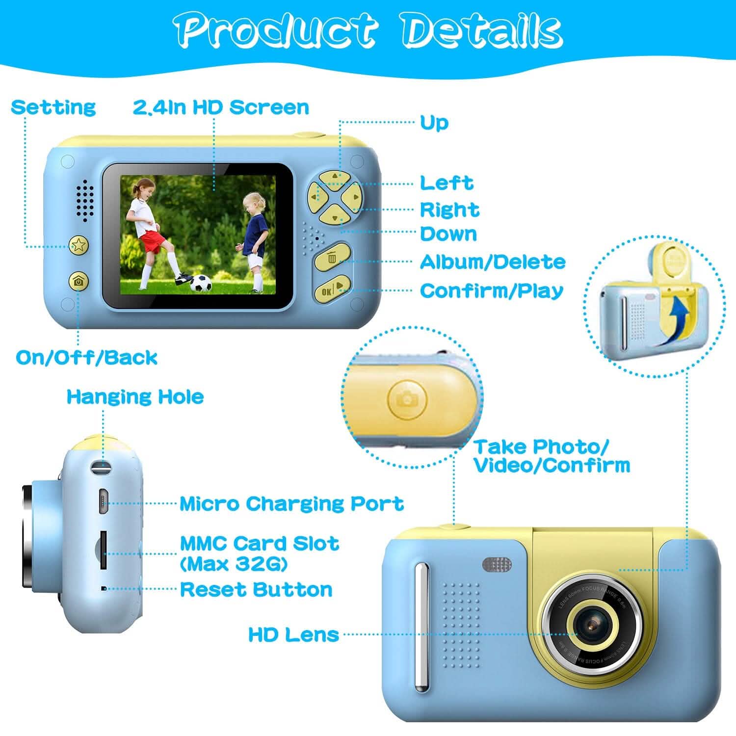 Blue kids digital camera diagram showing controls, screen, charging and memory ports