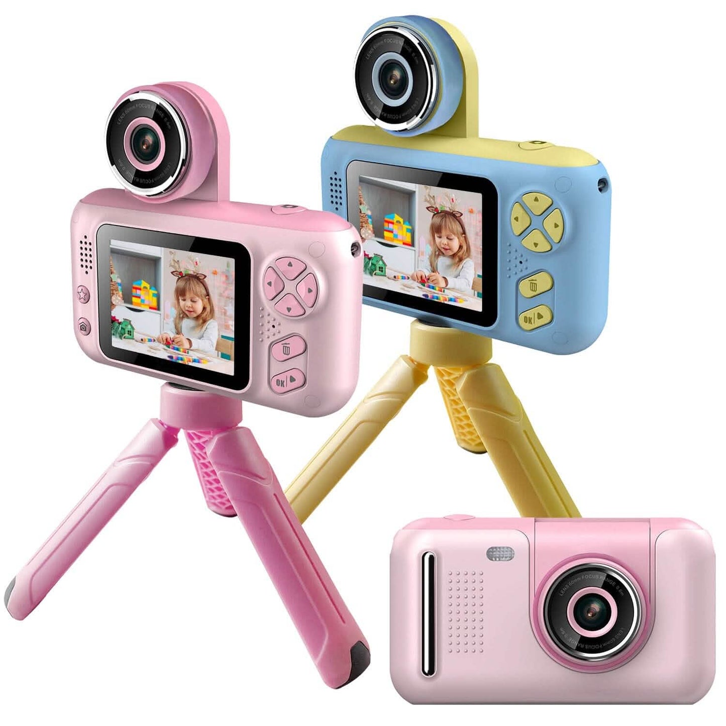 Pink kids digital camera with flip-up lens and tripod legs, front LCD screen