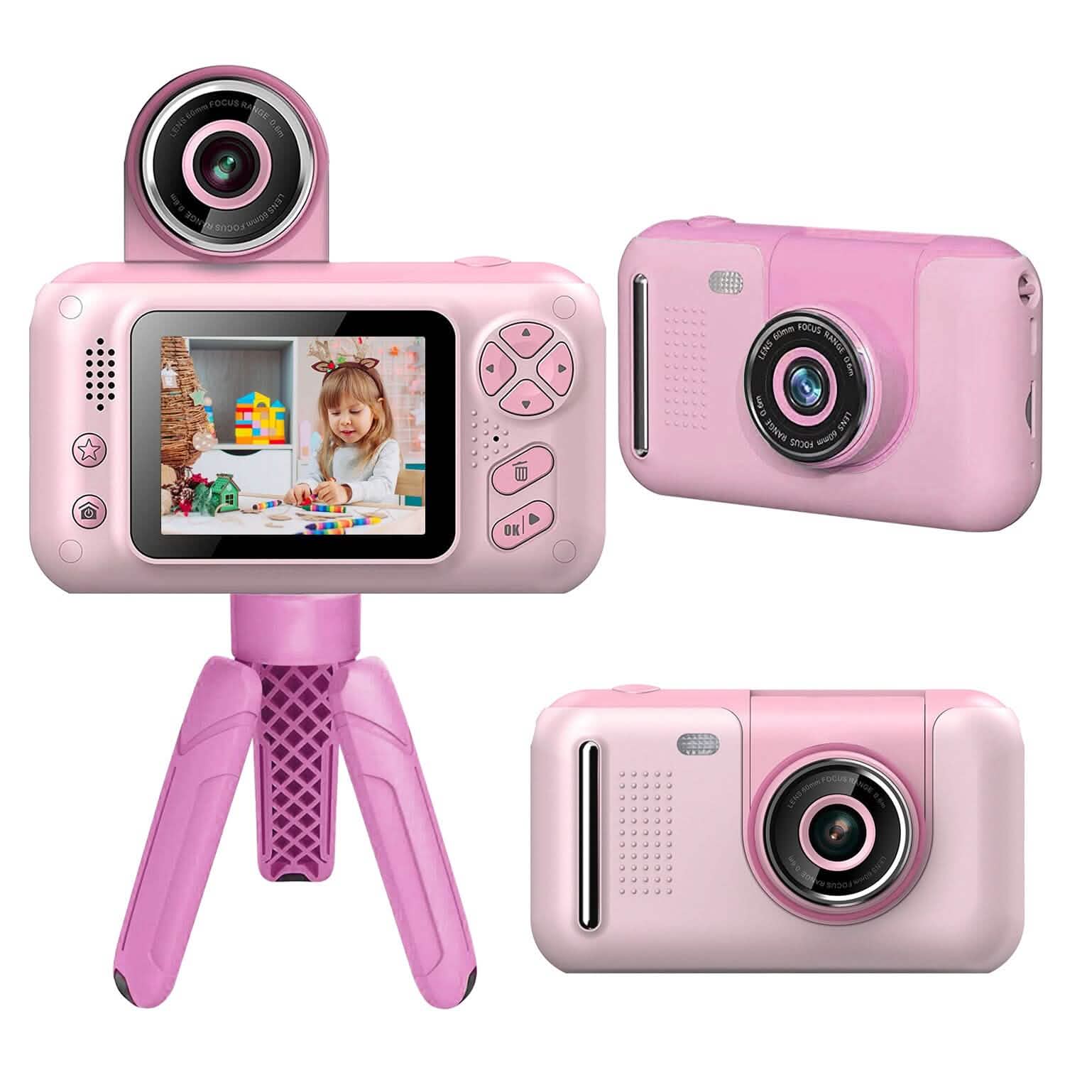 Pink kids digital camera with flip-up lens on tripod and separate back panel view