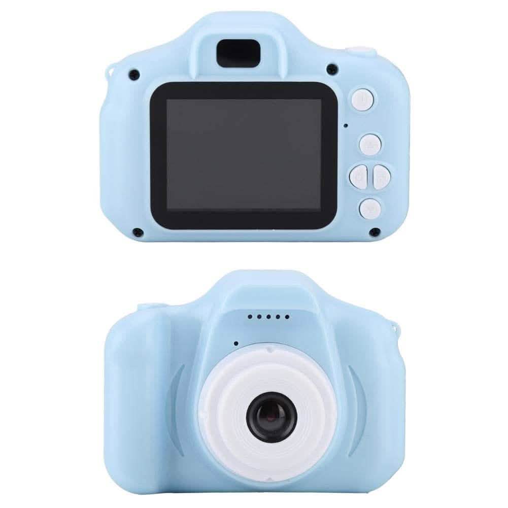Blue kids rechargeable digital camera front view with dark screen and lens