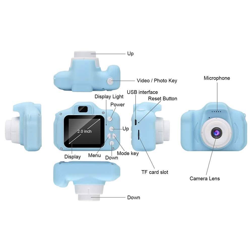 Blue kids rechargeable digital camera with labeled buttons, USB port, and TF card slot