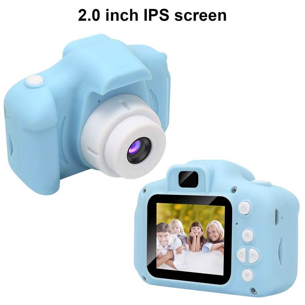 Blue kids rechargeable digital camera showing 2.0-inch screen and front lens