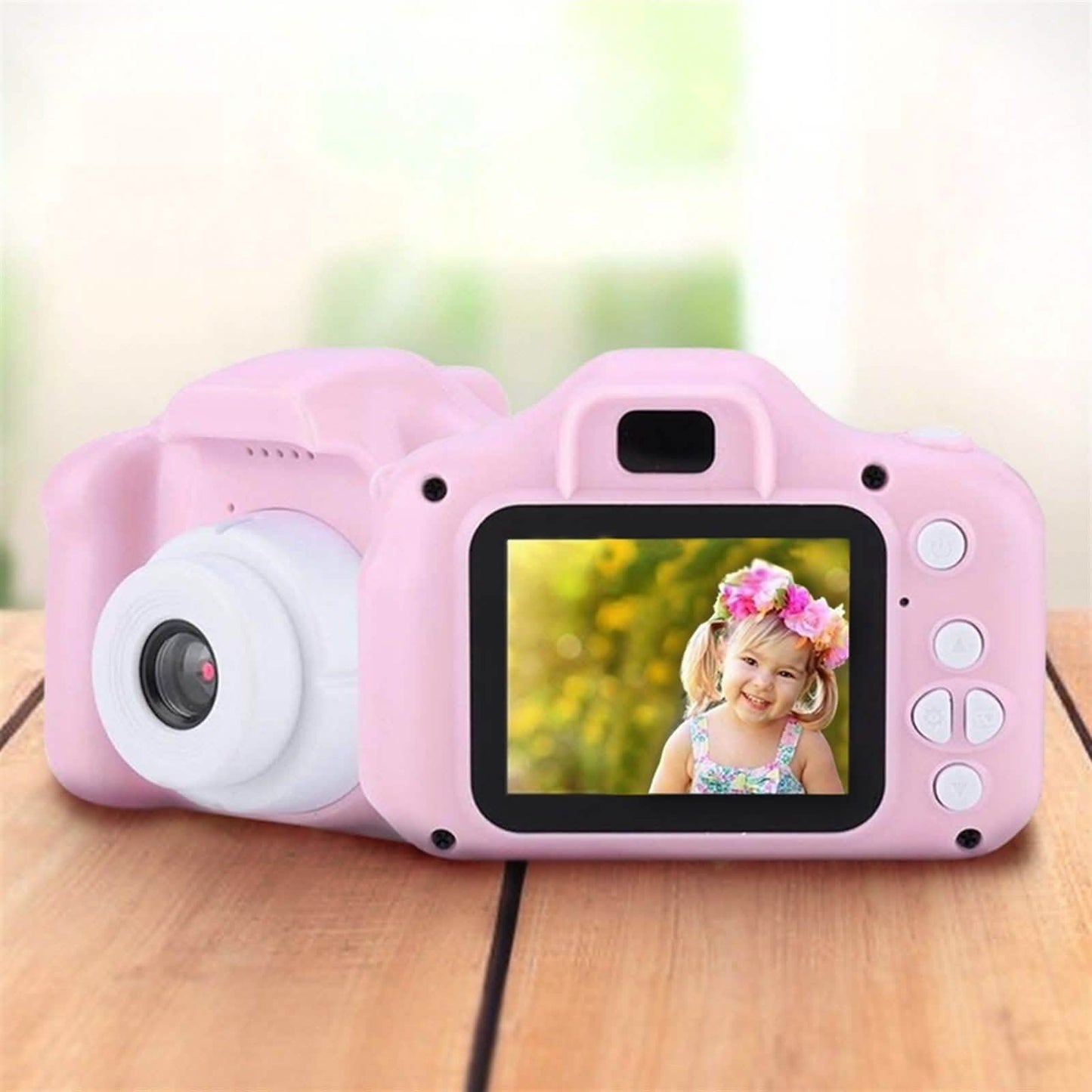 Pink kids rechargeable digital camera with front lens and color screen display