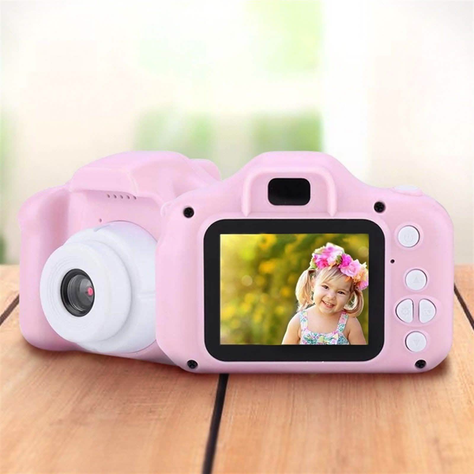 Pink kids rechargeable digital camera with front lens and color screen display