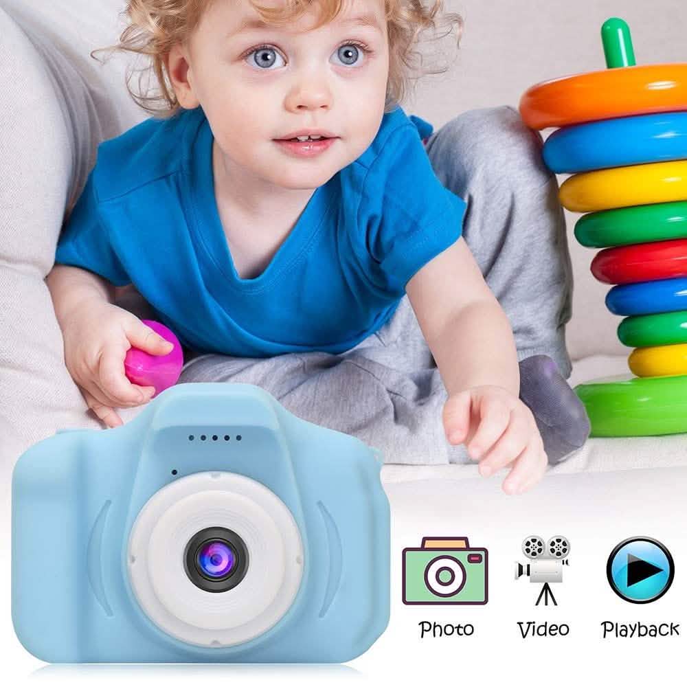 Blue kids rechargeable digital camera with front lens and photo, video, playback icons