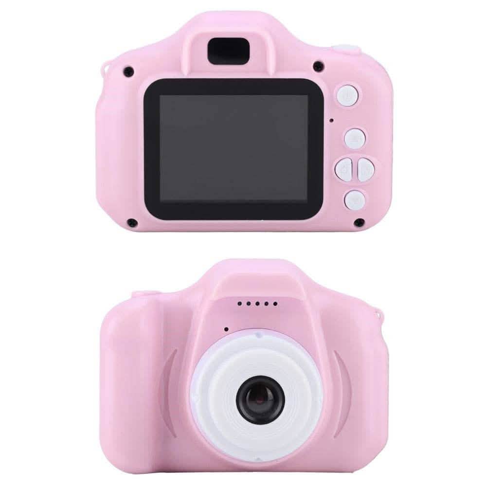 Pink kids rechargeable digital camera front view with dark screen and side controls