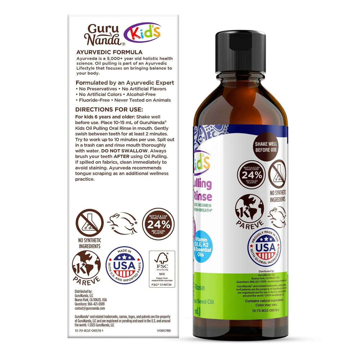 Kids oil pulling oral rinse bottle with boxed information panel