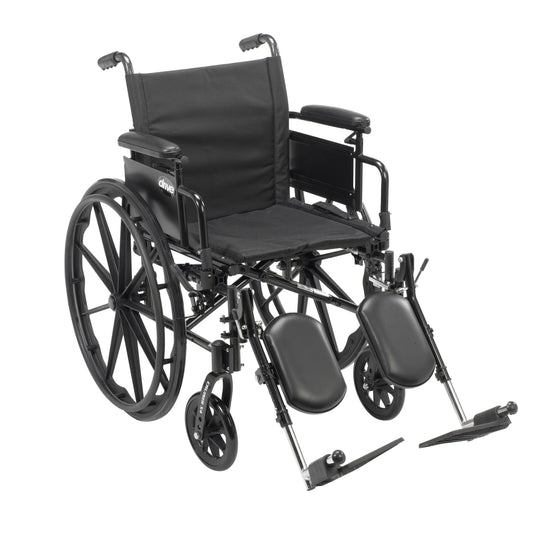 Black wheelchair with desk-style arms and elevating leg rests, dual axle wheels