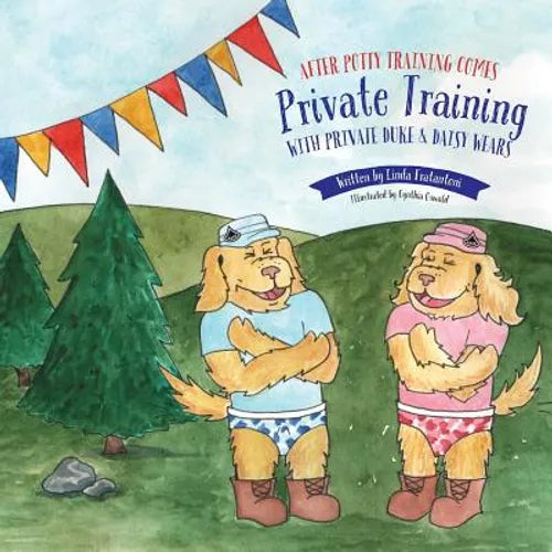 Children’s potty training paperback with illustrated dogs, bunting, and title text