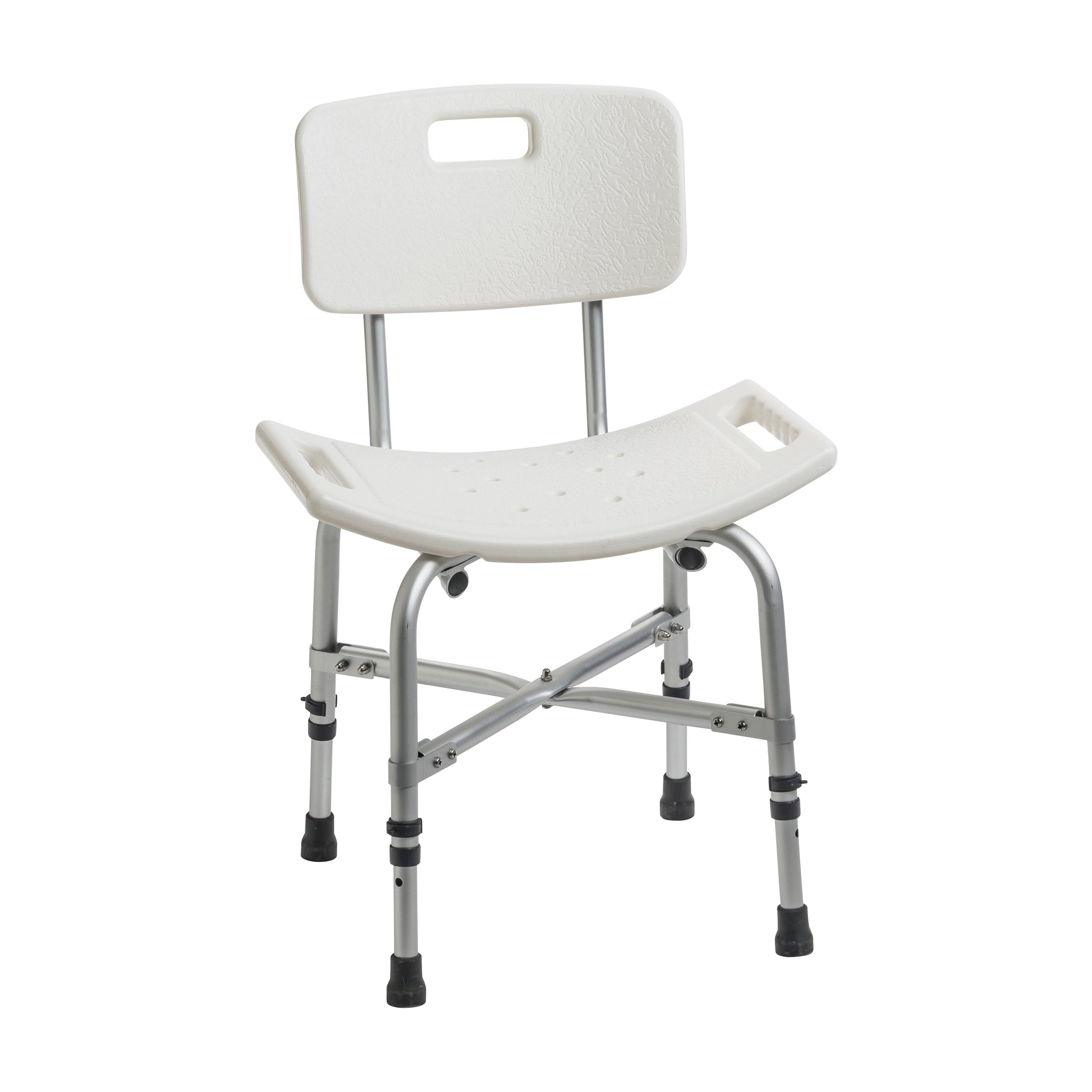 Padded bath bench with backrest, white seat and back panel, height-adjustable legs with grips