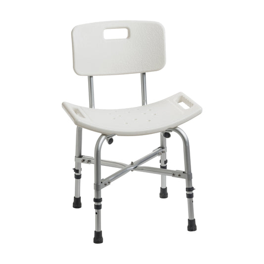 Padded bath bench with backrest, white seat and back panel, height-adjustable legs with grips