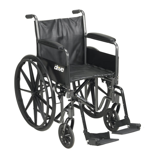 Silver wheelchair with padded back, full arms, and swing-away footrests