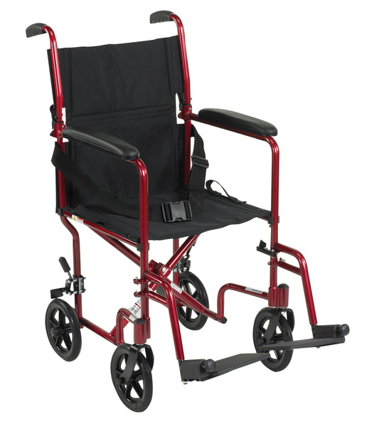 Red lightweight transport wheelchair with black seat, back, armrests, and rear wheels.