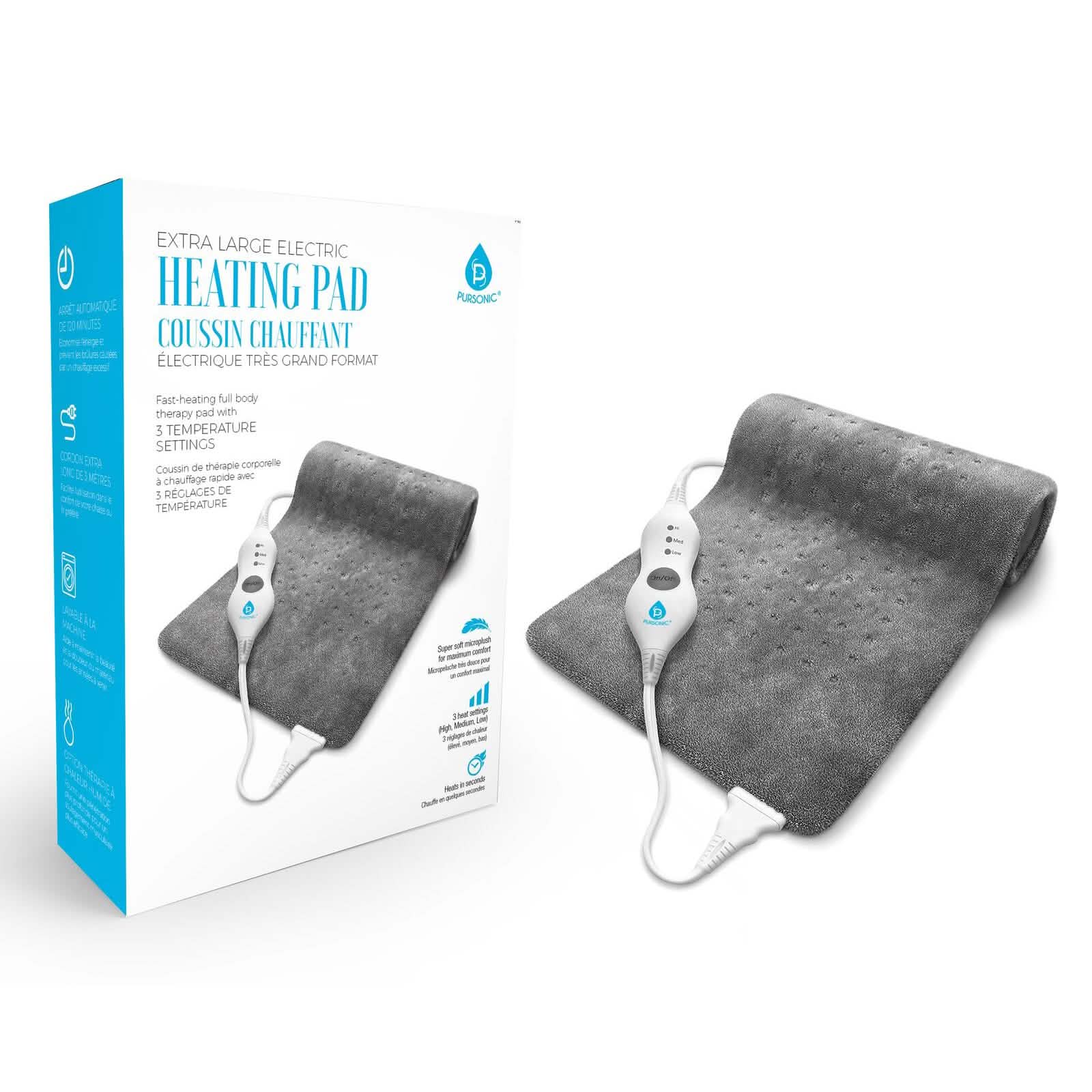 Large electric heating pad with gray fabric cover and white handheld controller
