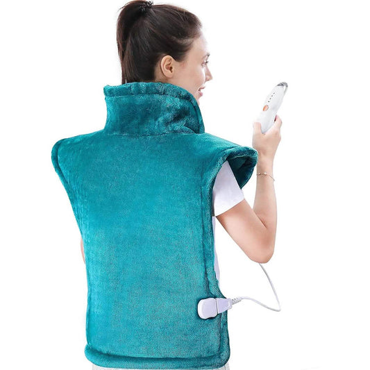 Turquoise heating pad vest for back and shoulders, with cord and controller at front