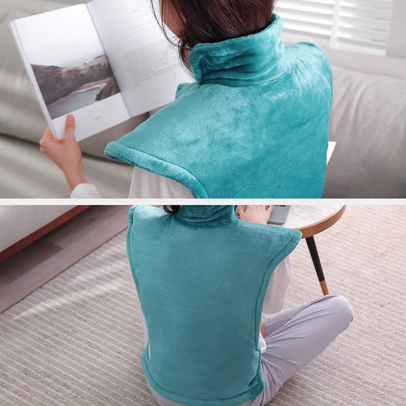 Turquoise neck and shoulder heating pad with tie-back straps, used while seated