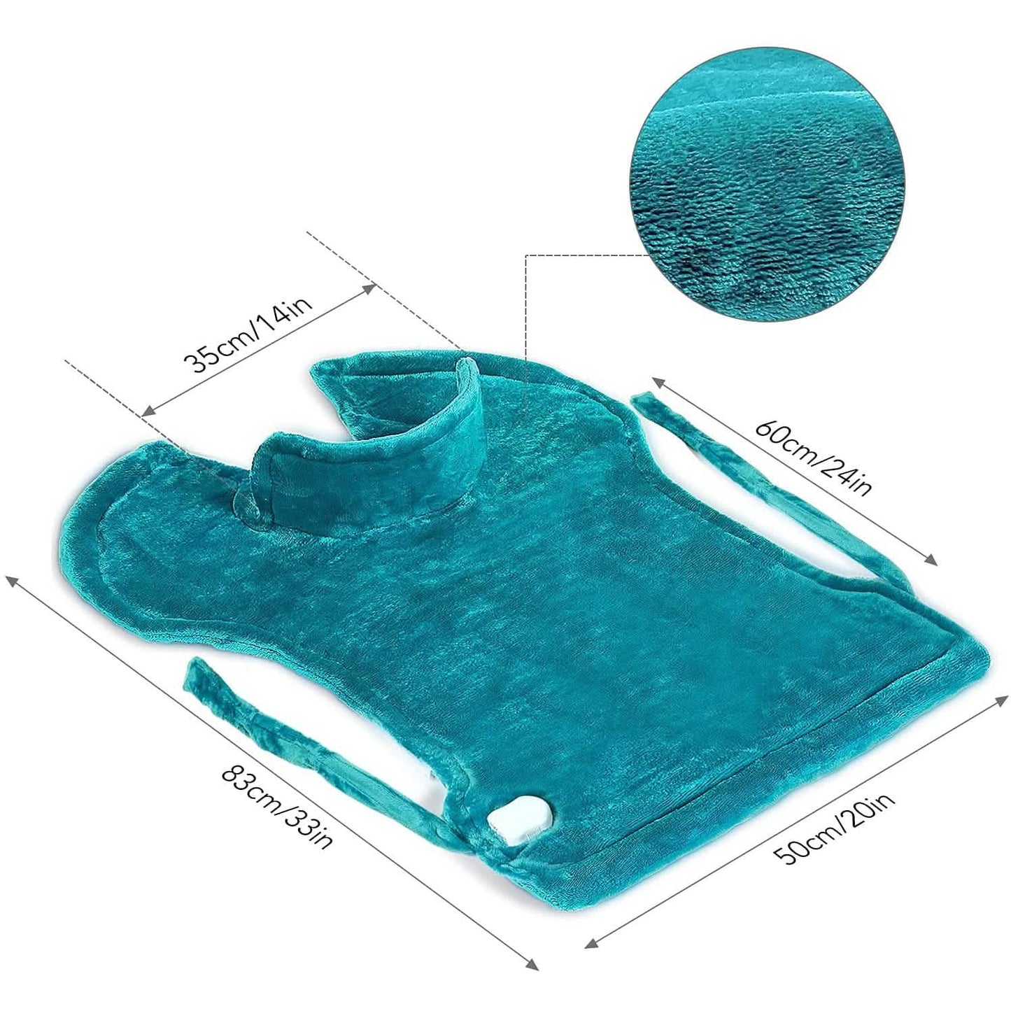 Folded turquoise heating pad blanket with side straps and visible fabric texture close-up